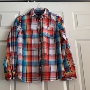 Women’s Tommy Hilfiger, Plaid Roll Cuff Blouse, Size Medium.